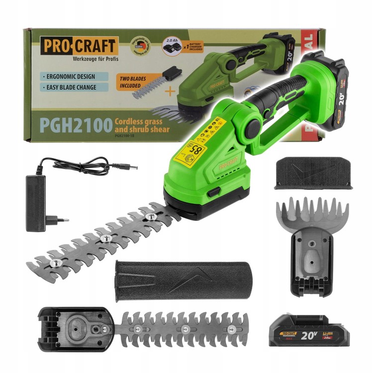 Procraft Pgh2100 Nożyce Akumulatorowe 20v Do Trawy I Krzewów 2w1