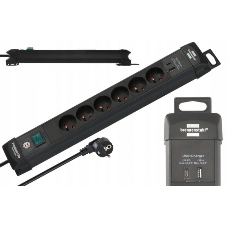 Brennenstuhl Listwa Zasilająca 6 Gniazd + Usb-c Pd 30w I Usb-a 3m Czarna