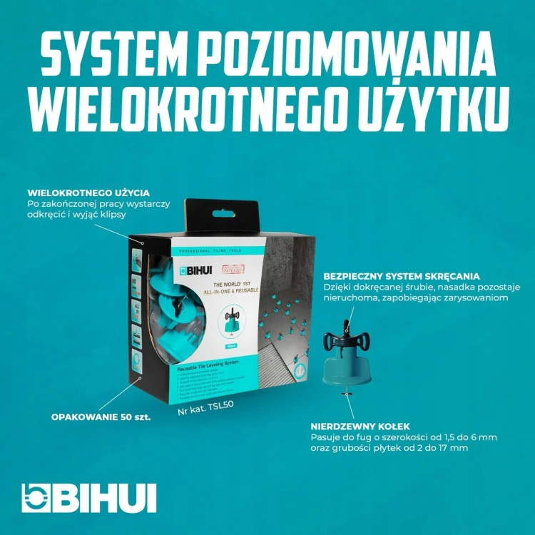 Bihui TSL50 System Poziomowania Płytek Wielokrotnego Użytku 50 Szt
