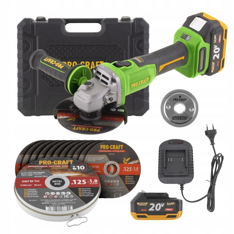 Procraft PWA220 Szlifierka 20v 125mm + Nakrętka Szybkomocująca + 10 Tarcz