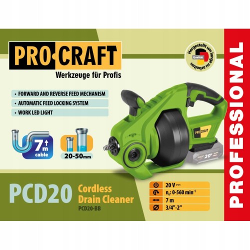 Procraft PCD20 Akumulatorowy Przepychacz Do Rur 7m 20v