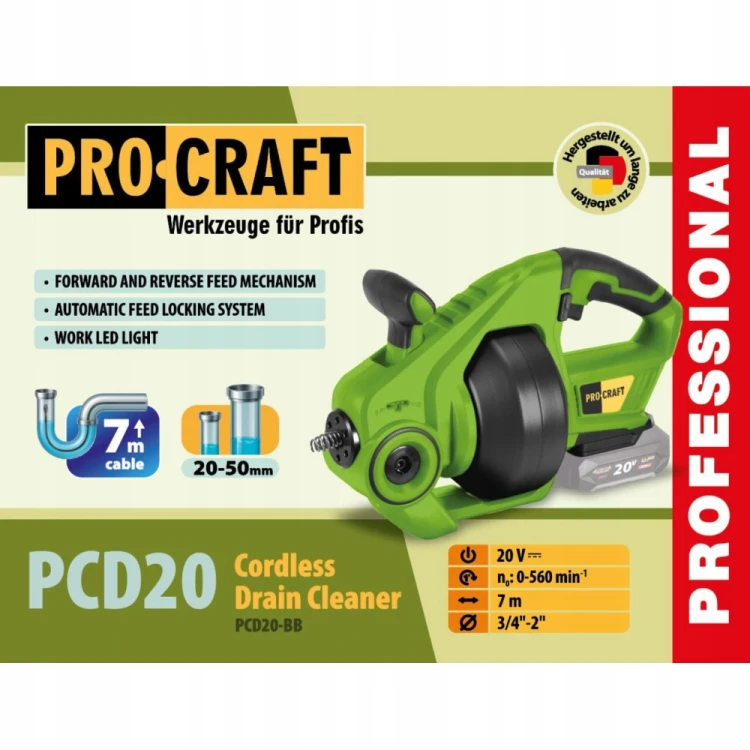 Procraft PCD20 Akumulatorowy Przepychacz Do Rur 7m 20v
