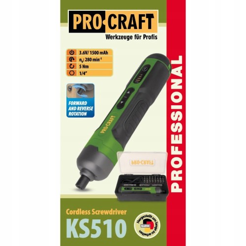 Procraft KS510 Wkrętak Akumulatorowy 3,6v Usb-C + Bity