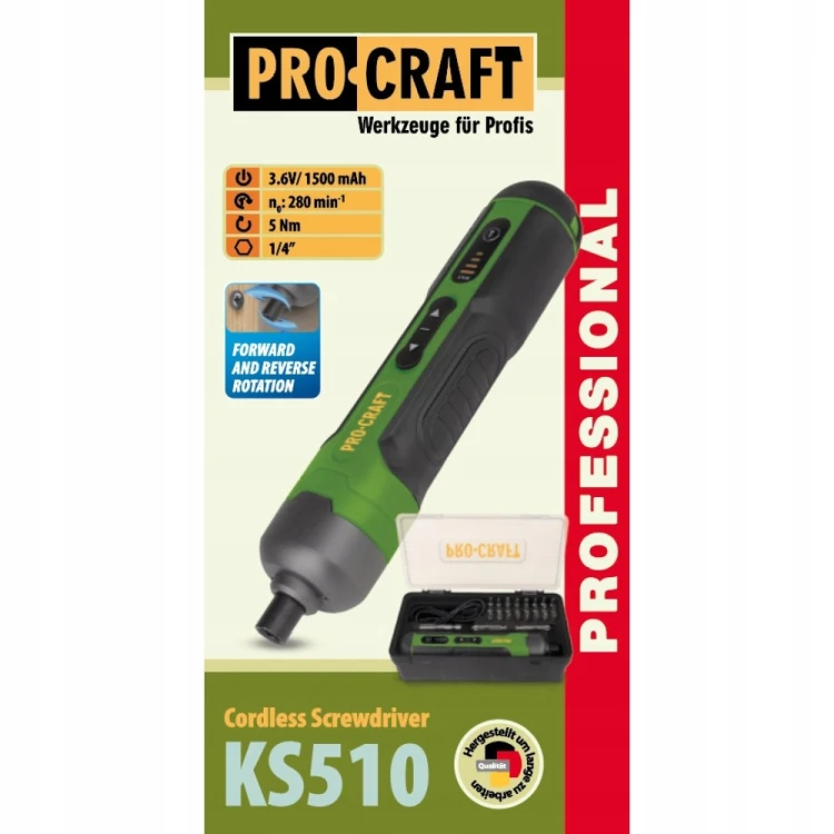 Procraft KS510 Wkrętak Akumulatorowy 3,6v Usb-C + Bity