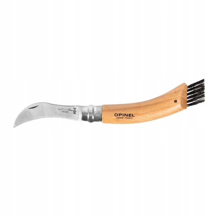 Opinel 08 Nóż Dla Grzybiarzy Składany Stal Inox Drewno Bukowe Szczotka