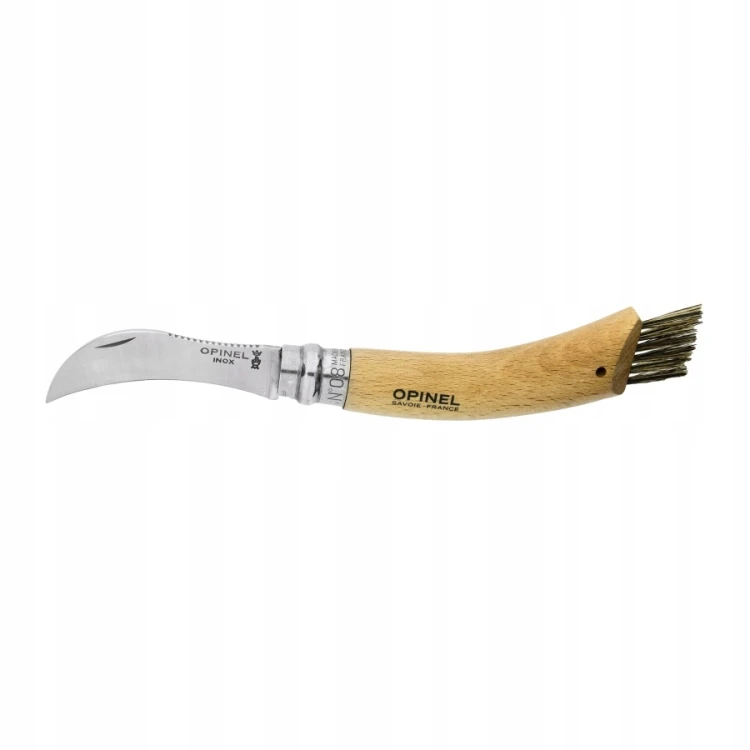 Opinel 08 Nóż Dla Grzybiarzy Składany Stal Inox Drewno Bukowe Szczotka