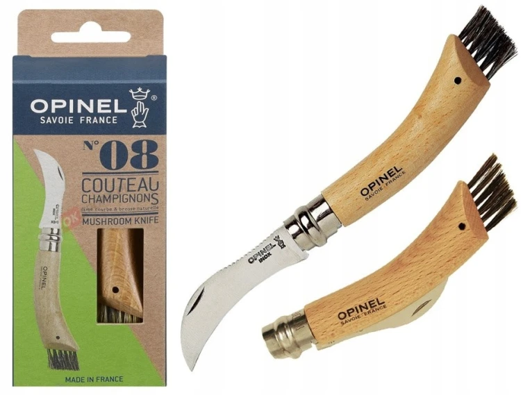 Opinel 08 Nóż Dla Grzybiarzy Składany Stal Inox Drewno Bukowe Szczotka