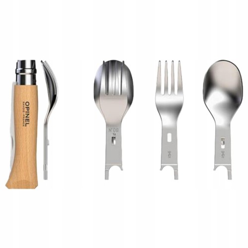Opinel 08 Zestaw Piknikowy Picnic Plus Nóż Sztućce Inox Drewno Bukowe