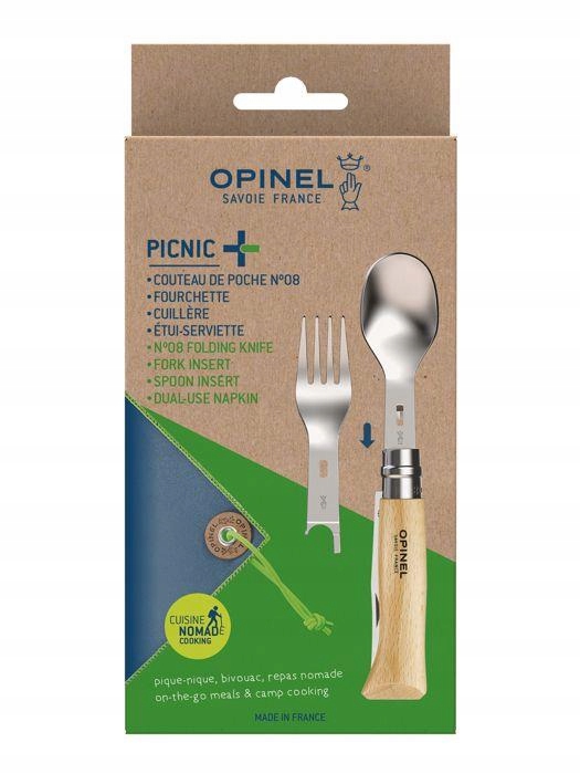 Opinel 08 Zestaw Piknikowy Picnic Plus Nóż Sztućce Inox Drewno Bukowe