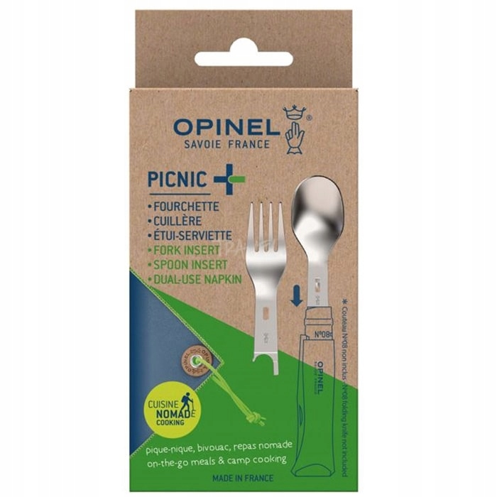Opinel 08 Zestaw Piknikowy Picnic Plus Nóż Sztućce Inox Drewno Bukowe
