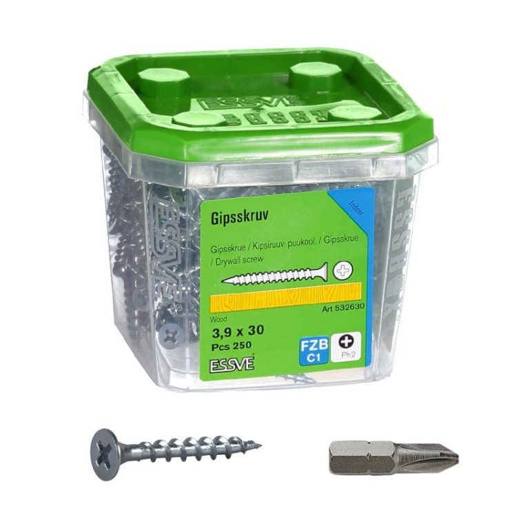 Wkręt do drewna  do płyt gk ESSVE 3,9 x 30 mm zestaw 250 szt ocynkowany PH2