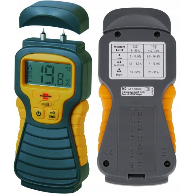 Brennenstuhl miernik wilgotności wilgotnosciomierz do drewna betonu cegieł widok z przodu i z tyłu