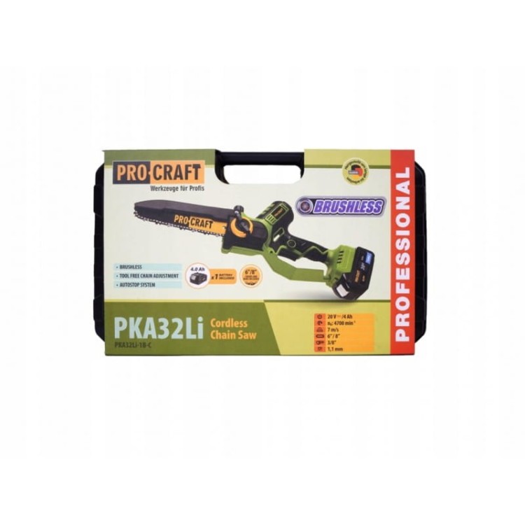 Procraft Pka32li Piła Łańcuchowa Akumulatorowa 20v Bezszczotkowa 2 Prowadnice